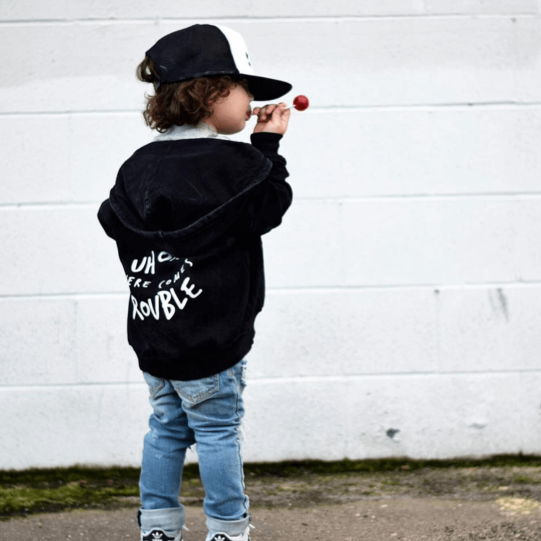 Uh Oh Here Comes Trouble Unisex Kids Zip Up Hoodie